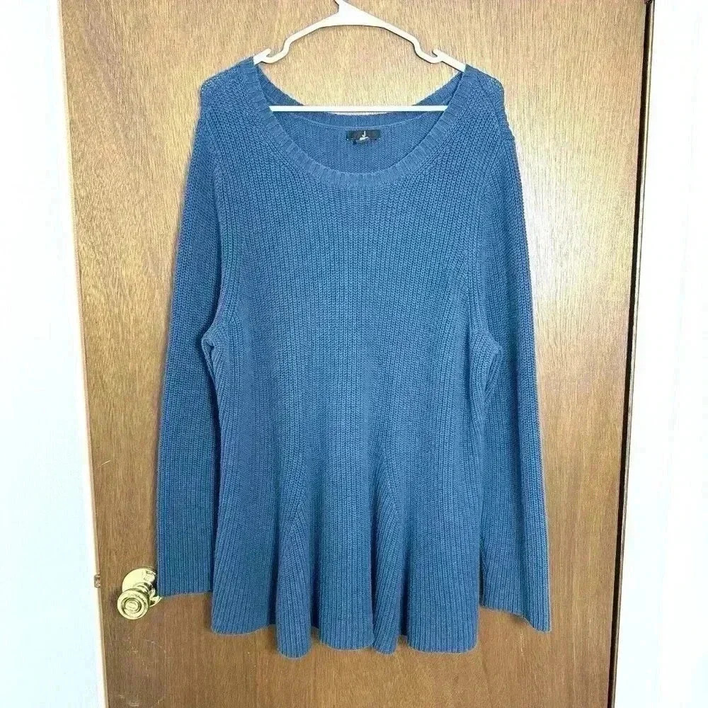 J Jason Wu June Sweater 2X Teal Blue Knit Crew Neck QVC Women Flare Waist Cotton